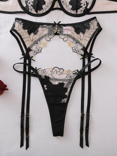 Belamimi Luxury French Embroidery Underwire Lift Shaping Sexy Underwear Garter Belt 3 Pieces Outfit