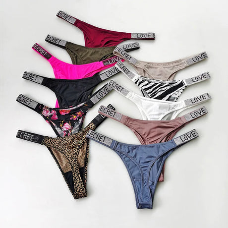 5Pcs Low Waist Sexy Panties Women Thongs Rhinestones Letter Diamonds G-string Sports Thong Shorts Briefs T-back Size S-XL
