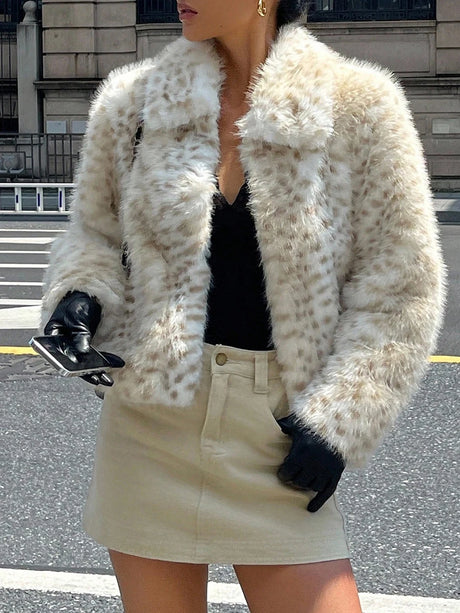 LIMO Women Lapel Leopard Print Faux Fur Jacket Cropped Fluffy Plush Open Front Outerwear