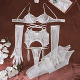 Ellolace Solid Women's Lingerie Sets Seductive See Through Bra Belt Thong 3PC with Gloves Stockings Sissy Sexy Women's Underwear