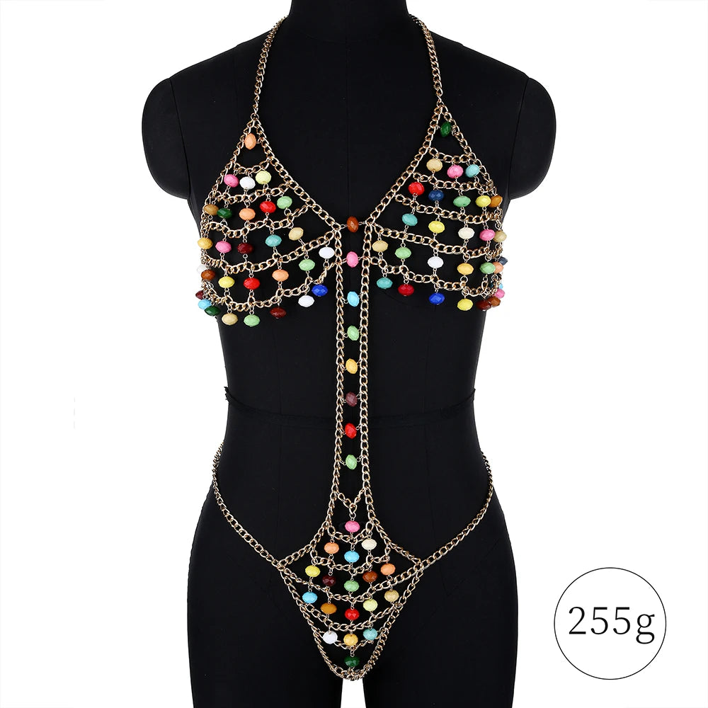 Sexy Women Siamese Bikini Body Chain New Fashion Nightclub Backless Multicolor Beads Hollowout Halter Bra Chain Jewelry