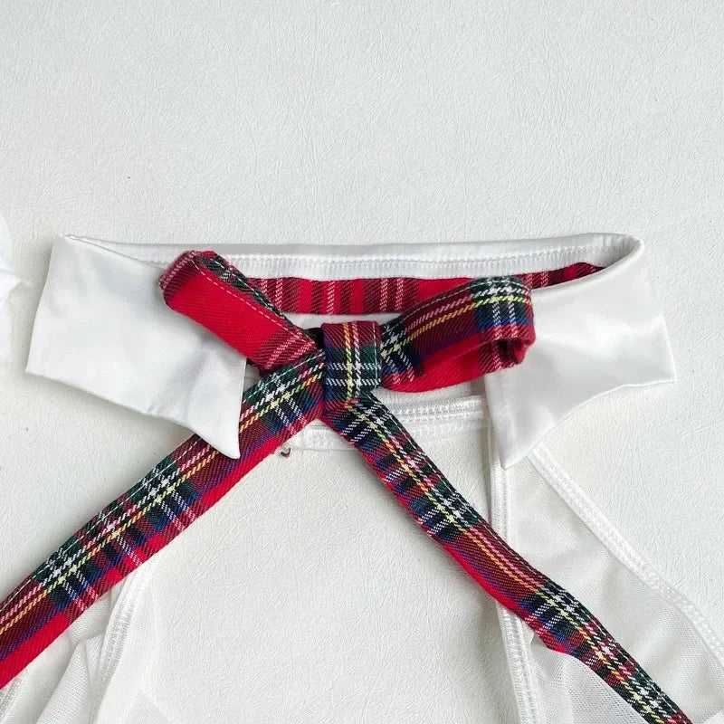 Teacher Cosplay Lingerie Sheer Halter Bra Plaid Skirt See Through Intimate Goods Sissy Erotic Crotchless Briefs Outfits