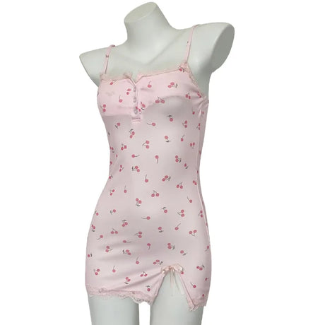 Pink Cherry Print Nightdress Women's Pajamas Cute Fitted Mini Nightgown Lace Trim Detail Spaghetti Straps Summer Sleepwear