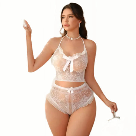Women's White Lace Lingerie Set - Halter Neck Camisole  Romantic Sheer Mesh 2-Piece Lingerie