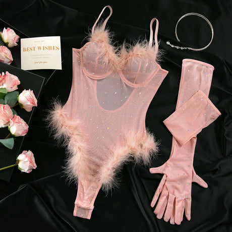 Women's Lingerie Bodysuit Rhinestone Mesh Feather Trim Sheer Teddy With Gloves Set  Sleepwear Nightwear Party Clubwear Outfit