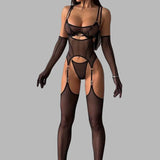Ellolace Solid Women's Lingerie Sets Seductive See Through Bra Belt Thong 3PC with Gloves Stockings Sissy Sexy Women's Underwear