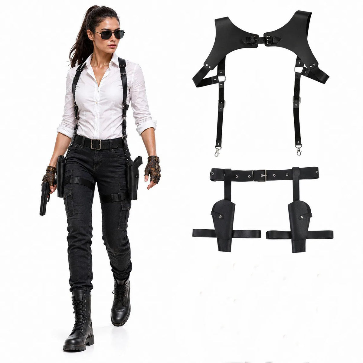 Women Faux Leather Set Steampunk Chest Harness Belt + Thigh Holster Medieval Pirate Cosplay Costume Accessories Halloween