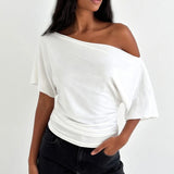 Talenza Summer One Shoulder Tops Fashion Slim Shrink Short Sleeve T-Shirts Sexy Party Y2k Streetwear Solid Pullover Tops Women