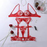 Heavy industry embroidery sequin red slim fit perspective high-end splicing gemstone decoration sexy lingerie four piece set