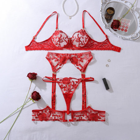 Heavy industry embroidery sequin red slim fit perspective high-end splicing gemstone decoration sexy lingerie four piece set