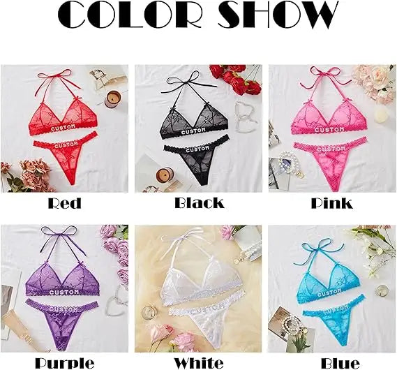 NEW Custom Name Thongs Lingerie Personalized Bra Thong Sets Sexy Lace Underwear Valentines Day Hotwife Gift Plus Size G-string