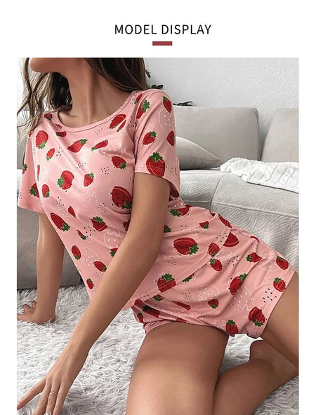 Women's Sleepwear Cute Strawberry Print Pajama Pj Set Summer Short Sleeve Top & Shorts Loungewear Soft Comfortable Home Clothing