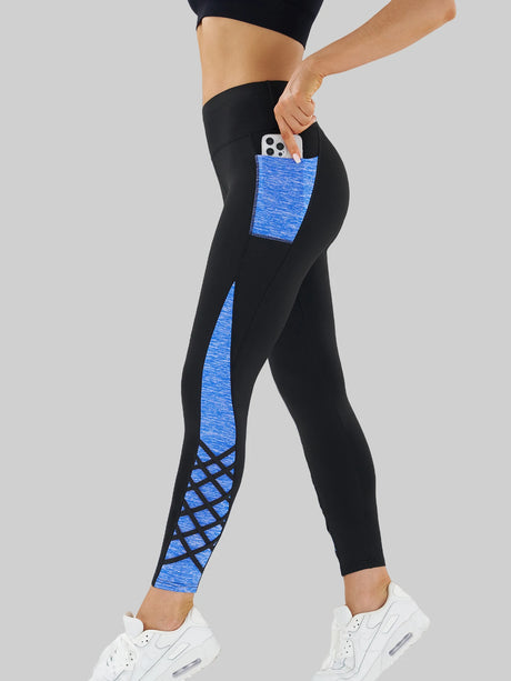 Contrast Geometric Print Pocket Yoga Leggings for Women, High Waist Compression Workout Gym Fitness Trousers