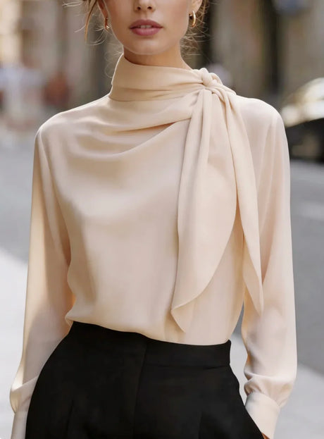Women High Neck Tie Detail Long Sleeve Satin Blouse Elegant Draped Top for Office or Formal Events