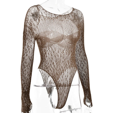 Women Slim See Through Long Sleeve Romper Tops Shiny Rhinestone Tshirt Bodysuit Party Club Hollow Out Wrap Overalls Tops