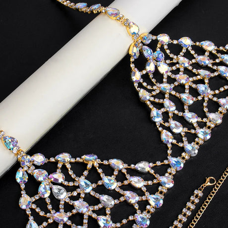 Sexy Mesh Crystal Jewelry Women Lingerie Set Bra Panties Bling Rhinestone Harness Multicolored Beach Body Chain