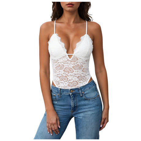 White Black Eyelash Lace Bodysuits Women Spaghetti Strap Deep V Neck Sheer Floral Lace Romper Sexy High Cut Summer Clubwear 2026