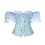 Women Sky Blue Retro Jacquard Corset Tops Lace Short Sleeved One Shoulder Sexy Slimming Shaper Overbust Bustiers Lingerie