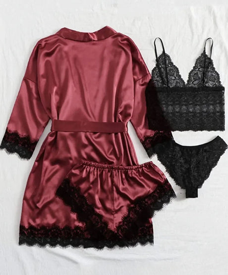 Women's Summer Sexy Pajama Pants Set 4 Pieces Lace Satin With Silk Sleepwear Robe Fashion And Comfortable Nightwear