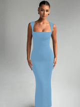Hugcitar Women Elegant Solid Square Collar Straps Sexy Bodycon Maxi Prom Dress Summer Women Y2K Clothes Evening Party Birthday
