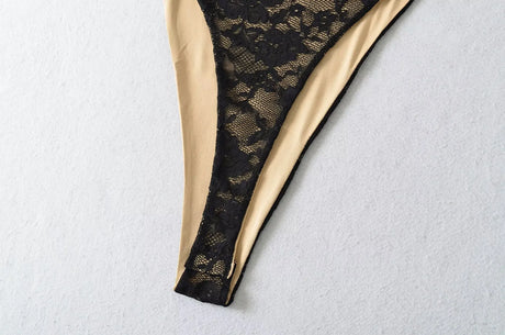 Sexy Black Floral Lace High Split Bodysuit Spaghetti Strap Elastic Slim High-Cut Tops Jumpsuits