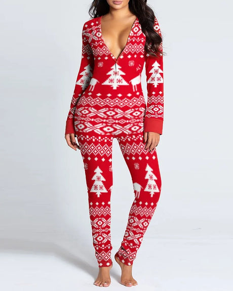 Sexy Pyjama Women's Long Sleeves Homewear Suit Button-Down Front Back Butt Bum Open Ass Flap Jumpsuit Loungewear Christmas Print