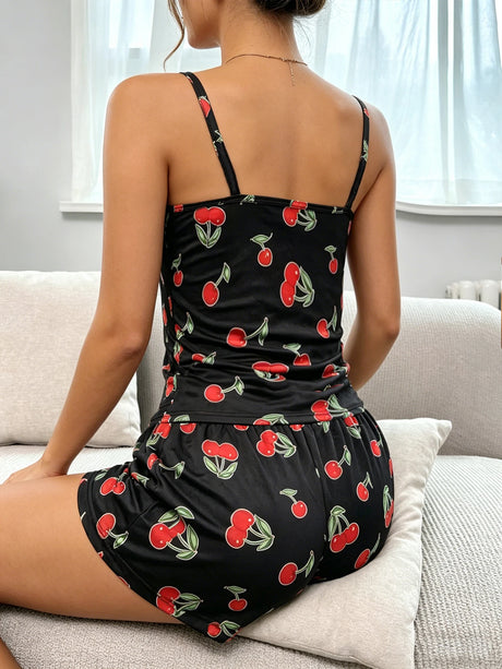 Women's Sleepwear Cute Strawberry Print Pajama Pj Set Summer Short Sleeve Top & Shorts Loungewear Soft Comfortable Home Clothing