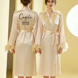 Personalized Name Date Wedding Feather Bride Robe Bridesmaid Bathrobe Nightwear Long Elegant Woman Gown Sexy Nightgown for Party