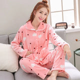 Women's Flannel Fleece Pajama Set Cute Cartoon Print Lapel Button Down Long Sleeve Warm Winter Loungewear Sleepwear Sets