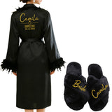 Personalized Name Date Wedding Feather Bride Robe Bridesmaid Bathrobe Nightwear Long Elegant Woman Gown Sexy Nightgown for Party