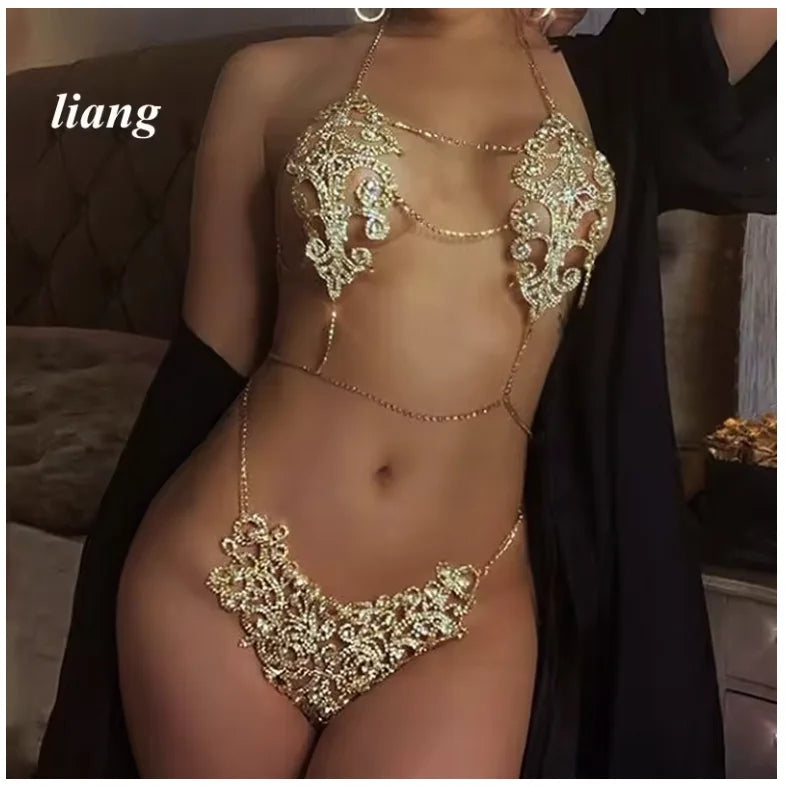 Bikini Crystal Chest Chain Suit Fashion Sexy Three-point T-ShapedPants Body Chain Girls Sexy Underwear Chain Bra Chain Underwear