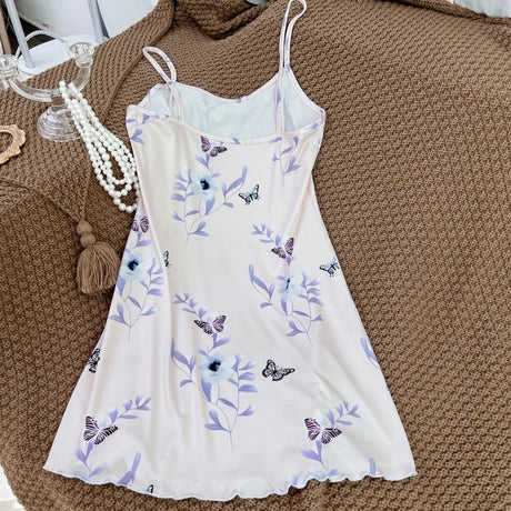 Summer Women Satin Sleepdress Cute Teddy Bear Butterfly Heart Floral Pinting Sleepwear Ladies Sexy Sling Ruffled Hem Loungewear