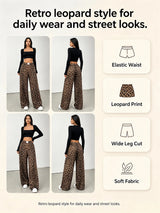 Women Leopard Print Wide Leg Pants Elastic High Waist Loose Casual Trousers Streetwear Y2K Fashion Long Palazzo Pants