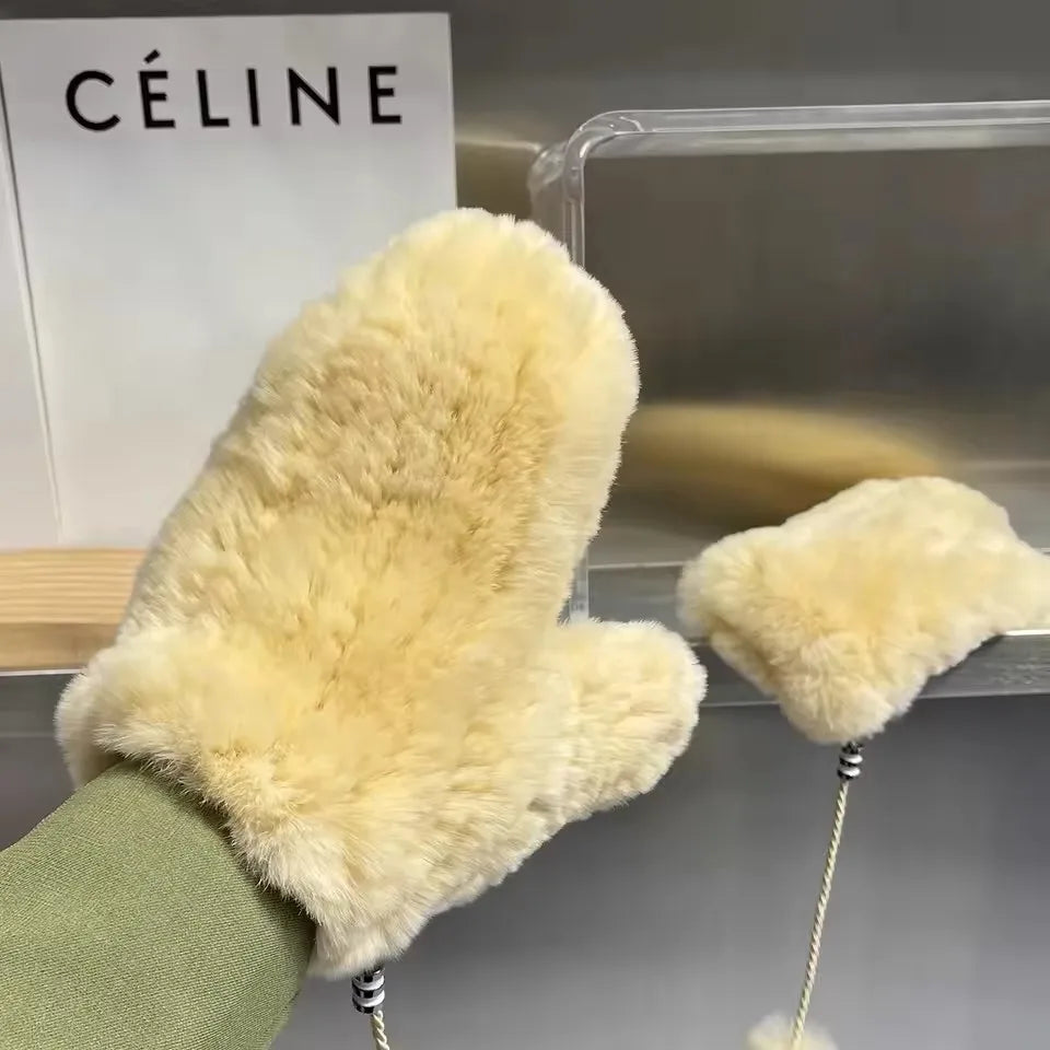 Hot Sale Women's 100% Natural Rabbit Fur Winter Gloves Warm Knit Thick Thermal Mittens Soft Real Fur Outdoor Cold Weather Glove