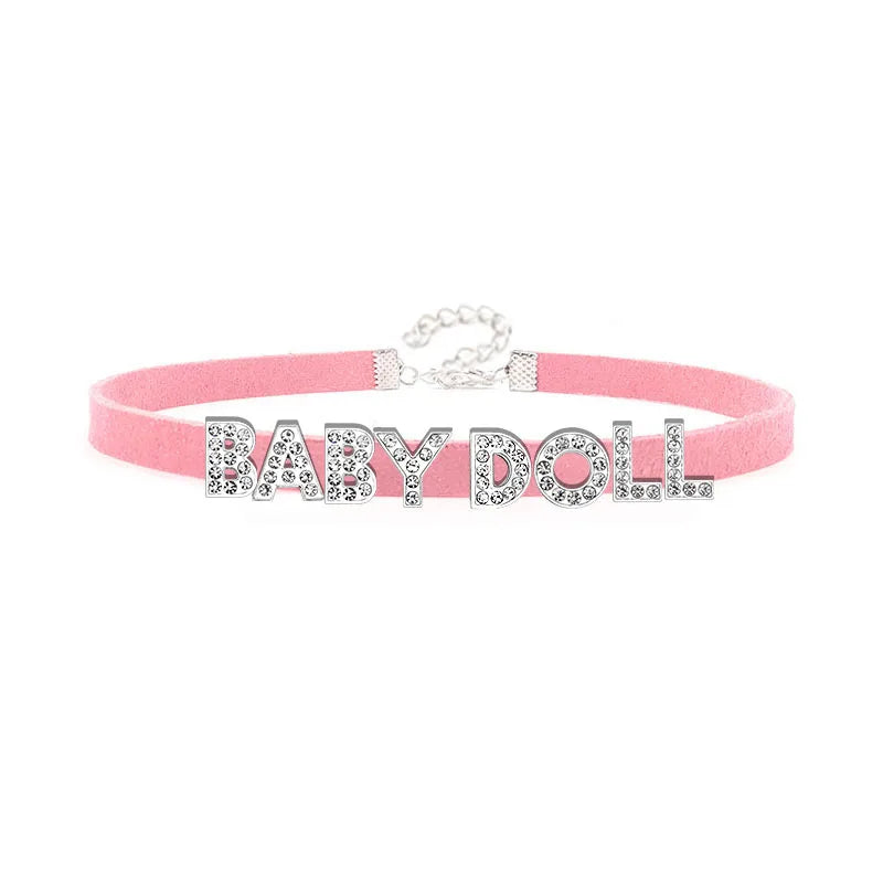Sexy Rhinestone Letters Hotwife Collar Choker for Women Men DIY Customized Necklaces Pink Suede Leather Cosplay Jewelry Gift