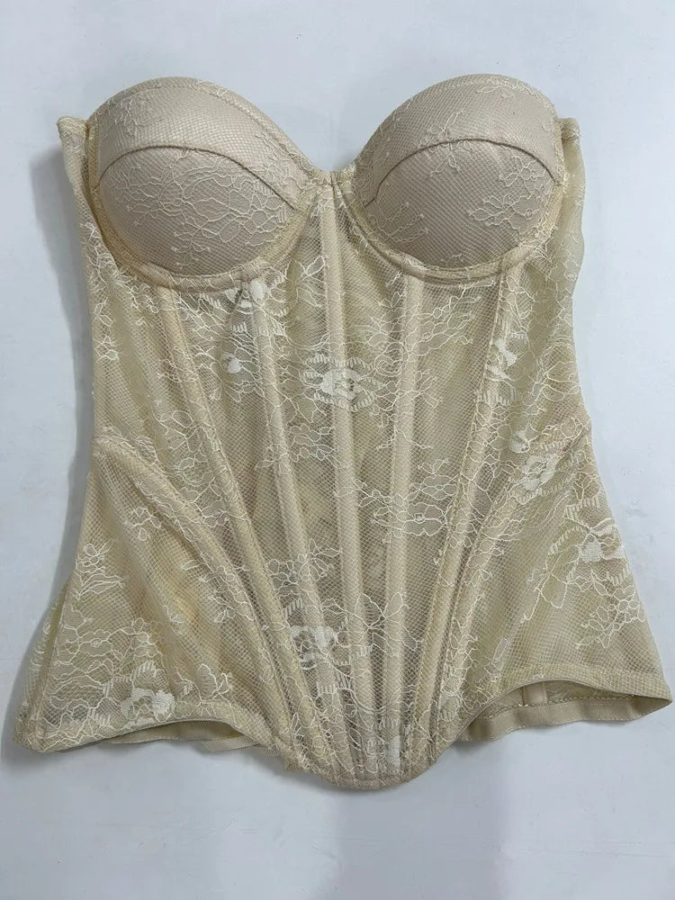 Women Mesh Corset Busiter Overbust Cups Push Breast Floral Lace Bodice Sext Tansparent Strapless Crop Tops Lace Up Steel Boned