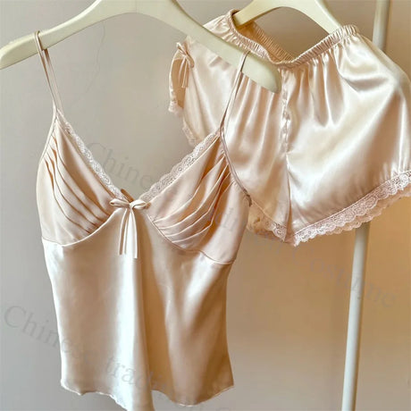 2025 Summer New Cami Top&shorts Sexy Lace Trim Pajamas Nightwear Lady's Lingerie Attractive Pijamas Backless Home Clothes