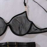 2026 Fashion Heavy Crafted Metal Decorative Lingerie Set with Buckle Women Mesh Transparent Bra Lady Sexy Body Shaping Underwear