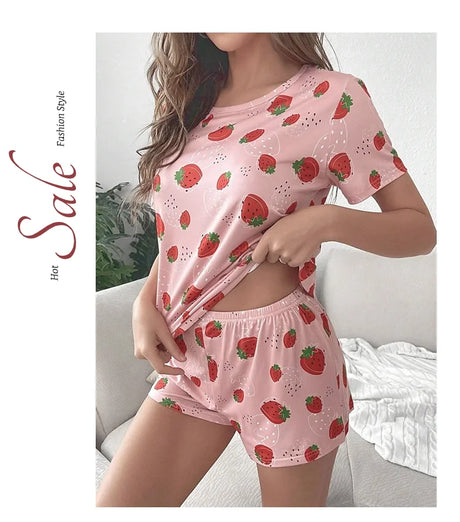 Women's Sleepwear Cute Strawberry Print Pajama Pj Set Summer Short Sleeve Top & Shorts Loungewear Soft Comfortable Home Clothing
