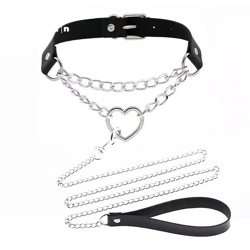 Leather Choker Heart Collar and Leash with Chains Bdsm Choker Submissive Collar for Female Fetishists BDSM Sex Leash Punk Goth