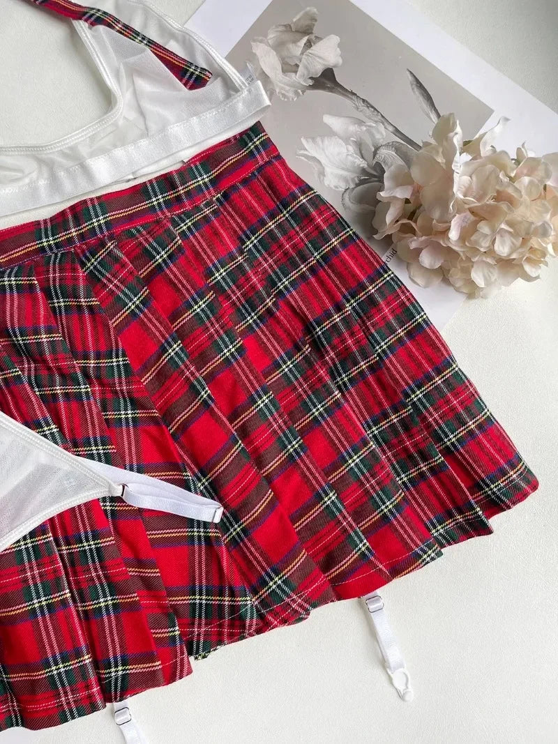 Teacher Cosplay Lingerie Sheer Halter Bra Plaid Skirt See Through Intimate Goods Sissy Erotic Crotchless Briefs Outfits