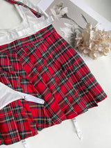Teacher Cosplay Lingerie Sheer Halter Bra Plaid Skirt See Through Intimate Goods Sissy Erotic Crotchless Briefs Outfits