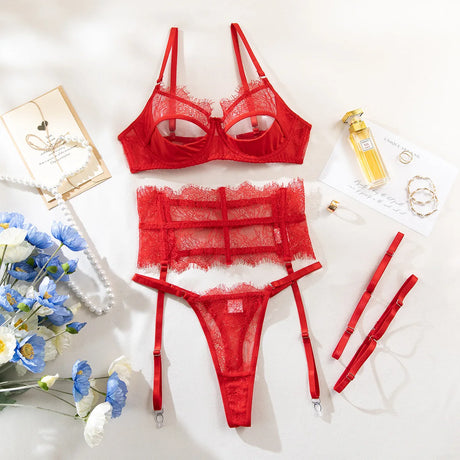 Diccvicc Eyelash Floral Lace Lingerie Cut Out Bra Wide Garter Underwear Set See Through Seductive Intimate Apparel Exotic Outfit