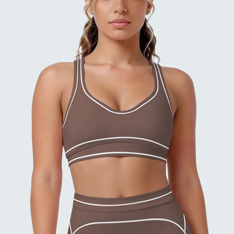 Women's Yoga Bra Vest Fitness Tank Running Workout Gym Top Push Up Padded Soft Slim Contrast Piping Racerback Sports Underwear