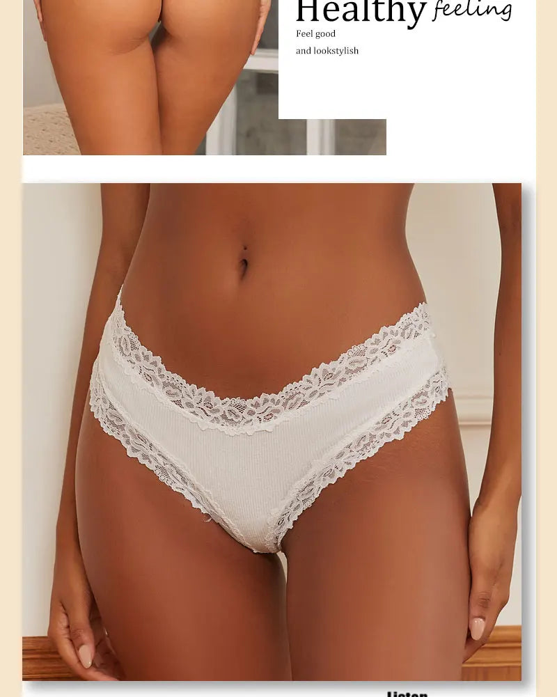 3PCS/Set Sexy Lace Seamless Cotton Brazilian Panties Women Ribbed Intimates Breathable Panties Low Waist Female Cotton Underwear