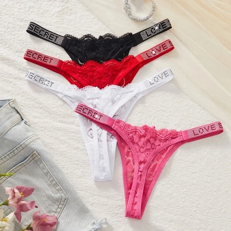 Lingerie Crystal Lace Flower Panties Cotton Crotch Embroidery Seamless Thong Underpants Low-waist Bikini Underwear Women Gifts