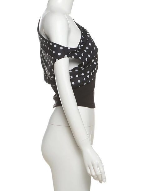 Weird Puss Polka Dots Print T-Shirts Women Summer Trend Skew Collar Off Shoulder Backless Street Fashion Trend Ruched Crop Tops