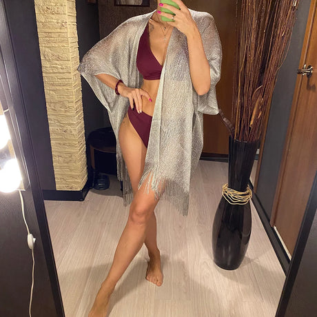 Swimsuit Cover-ups  Fashion Tassel Gold Bikini Beach Cover Up Sexy Beach Dress Tunics for Women Summer Wear See Through