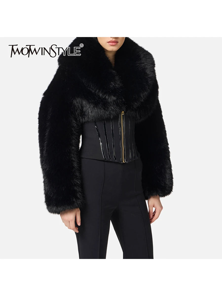 TWOTWINSTYLE Black Slimming Spliced Zipper Jackets for Women Lapel Long Sleeves Tunic Patchwork Fur Fashion Jacket Female New