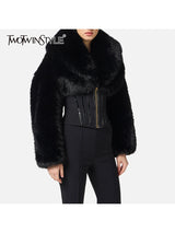 TWOTWINSTYLE Black Slimming Spliced Zipper Jackets for Women Lapel Long Sleeves Tunic Patchwork Fur Fashion Jacket Female New
